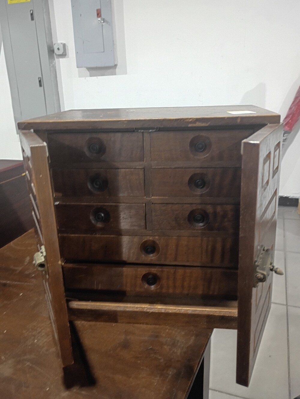 Wooden Multi-Drawer JewelryCabinet in Dark Brown Wood Made In Japan Stamped.